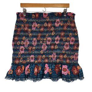 Farm Rio‎ Anthropologie Smocked Flounce Mini Skirt XL Blue Pink Floral Stretchy
